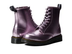 Dr. Martens Kid's Collection 1460 (Big Kid) - Kid's Shoes : Pink Lavender Spark : Their edgy still is sure to take charge in the durable Dr. Marten's Kid's Collection 1460 Boot. These classic ankle boots feature an iconic eight-eyelet, lace-up closure and side-zip opening with a pull tab heel for easy entry. Superbly-soft leather upper with combined leather lining and breathable footbed. Goodyear welt construction heat seals and sews the upper and sole together for superior flexibility and longe Slip-resistant Leather Combat Boots For Streetwear, Leather Combat Boots With Fade-resistant Round Toe, Fade-resistant Leather Boots For Streetwear, Fade-resistant Leather Combat Boots With Round Toe, Leather Slip-resistant Combat Boots For Streetwear, Shoes Pink, Pink Lavender, Goodyear Welt, Eyelet Lace