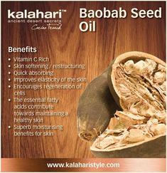 BAOBAB SEED OIL This luxurious African oil is cold pressed from the seeds of the African Baobab tree. The pure oil is rich in vitamins A, E and F, sterols as well as Omega 3, 6 and 9 fatty acids and rapidly absorbs into the skin. It is highly recommended for skin conditions such as eczema, sirozes, solar damage and can effectively alleviate itchiness and dryness. This superb oil will deeply nourish your skin, improve elasticity while leaving it well nourished, soft and moisturised. Babassu Oil Benefits, Borage Seed Oil Benefits, Baobab Oil Benefits Hair, Benefits Of Baobab Powder, Epoch Baobab Body Butter, Oil Benefits, Essential Fatty Acids, Skin Conditions, Diy Soap