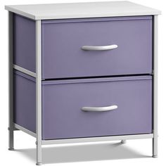 a purple and white nightstand with two drawers on each side, against a white background