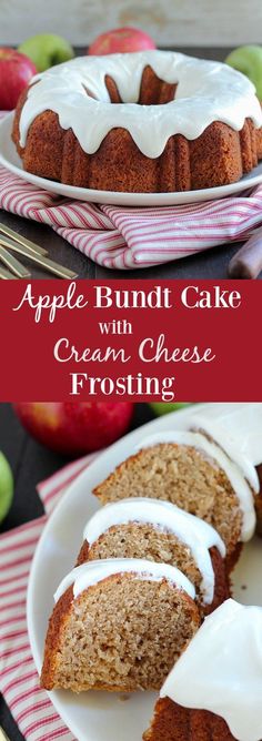 an apple bundt cake with cream cheese frosting is on a plate next to some apples