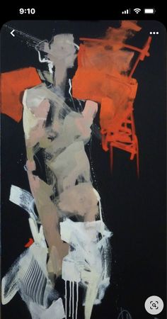 an abstract painting with black, orange and white colors on it's side by itself