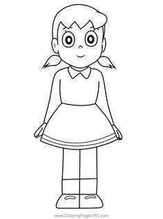 a girl in a dress with big eyes coloring page