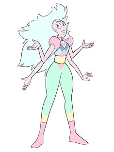 an image of a cartoon character with pink hair and green pants, holding her hands out