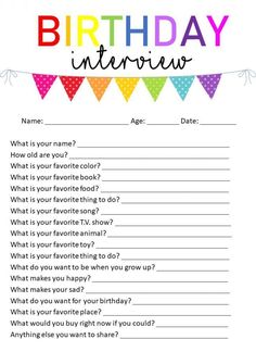 birthday interview form with colorful flags and question marks