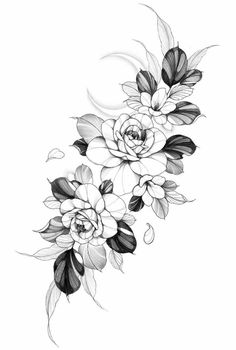 a black and white drawing of flowers with the moon in the background