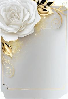 a white rose with gold accents on a white card or banner, decorated with golden leaves and glitters