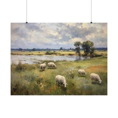 a painting of sheep grazing in a field next to a river