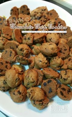 chocolate chip cookies on a white plate with the words crunchy chocolate chip cookies above it