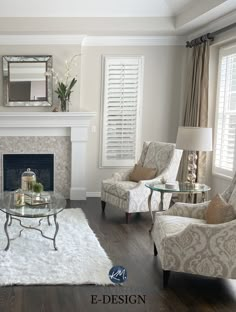 a living room filled with furniture and a fire place in front of a mirror on the wall