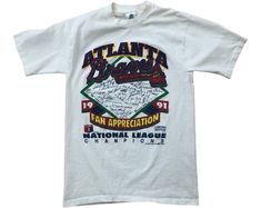 Atlanta Braves 1991 Fan Appreciation Vintage Mlb Baseball National League Champions Chipper Limited Edition Signature Made In Usa T-Shirt Vintage Graphic Print T-shirt For Sports Events, Throwback Baseball Season Fan T-shirt, Throwback Baseball Fan Merchandise T-shirt, Vintage Baseball Season Fan Merchandise T-shirt, Vintage Baseball Fan Merchandise T-shirt, Throwback Fan Merchandise T-shirt With Letter Print, Throwback Fan Merchandise Letter Print T-shirt, Vintage Screen Print T-shirt For Fan Conventions, Vintage Graphic T-shirt For Fan Conventions