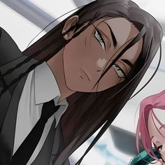 two anime characters one with long hair and the other with pink hair looking at something