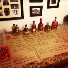 a table topped with bottles and glasses filled with liquid next to pictures on the wall