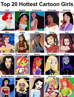 the top 20 cartoon girls from disney's animated movie, which are in different colors