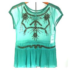 New With Tags Flirty Summer Top By Free People. Beautifully Beaded In A See Through Sea Green Fabric. Beaded Short Sleeve Tops For Summer, Spring Bohemian Sequin Top, Bohemian Embellished Short Sleeve Tops, Bohemian Sequin Top For Spring, Spring Beaded Short Sleeve Top, Beaded Short Sleeve Tops For Spring, Spring Festival Embellished Tops, Bohemian Sequin Tops For Summer, Summer Festival Embellished Blouse