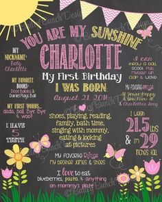 a chalkboard sign that says, you are my sunshine and baby's first birthday