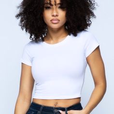 Stretchy Cotton Blend Crop Top Simple White Crew Neck Crop Top, Basic White Crop Top For Everyday, Simple White Cotton Crop Top, Simple White Crop Top For Summer, Simple Fitted White Crop Top, Basic White Crop Top, Maroon Crop Top, Heart Tank Top, Bell Sleeve Crop Top