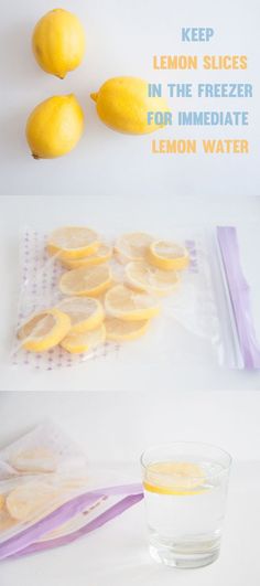 lemon slices in the freezer for immediate lemon water are shown next to a bag of lemons