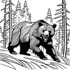 a black and white drawing of a bear walking through the woods with trees in the background