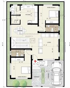 the floor plan for a house with two bedroom and an attached kitchen, living area