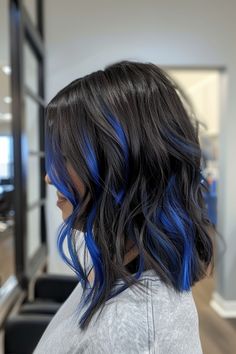 Hairstyles With Blue Highlights, Hairstyles For Dyed Hair, Colorful Hair Highlights, Brown And Blue Hair, Black With Blue Highlights, Blue Highlights In Brown Hair, Black Blue Ombre Hair, Black Hair With Blue Highlights, Highlight Hairstyles