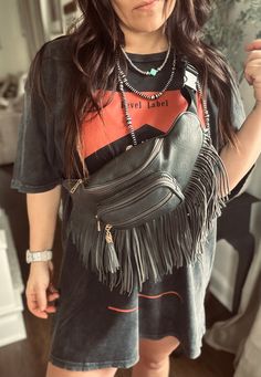 Fringe Crossbody Fanny Pack - Black - Western Boho Chic Boutique Black And Gold Western Outfit, Festival Necessities, Black Western Outfit, Summer Fringe Crossbody Bag, Bohemian Fringe Crossbody Satchel, Fringe Western Purse, Black Fringe Crossbody Bag, Western Crossbody Purse Leather Fringe, Western Bag