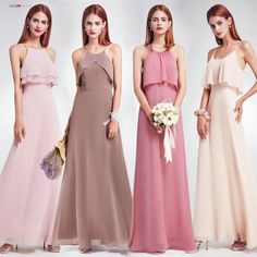 three bridesmaids in different colored gowns standing next to each other