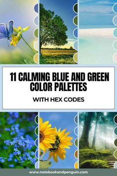 a collage of pictures with the words calming blue and green color palettes