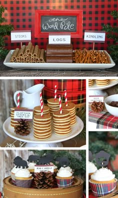 an assortment of desserts and snacks are displayed on the table with red plaid napkins