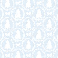 a white christmas tree pattern on a light blue background with snowflakes and bows