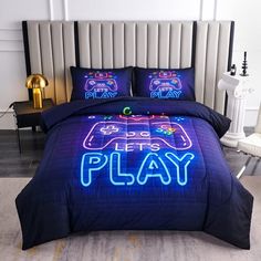 a bed that has a neon sign on it