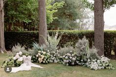 a bride and groom sitting on the grass in front of some trees with white flowers