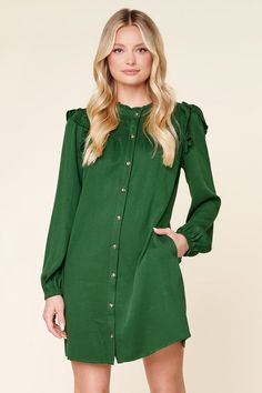 Button down shift dress featuring mini ruffle details along the shoulder seams and neckline. Green Shirt Dress, Large Buttons, Button Down Dress, Green Shirt, Button Dress, Sweater Weather, Sweater Shop, Perfect Outfit, New Outfits