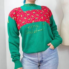 Vintage 80s/90s green Christmas sweatshirt.  DIY style with a sewn on red panel and glittery puff paint design. Tagged size XL, but runs smaller.  Would best fit size M/L. Model is 5'3 size S/M (27in waist). Please see measurements for details.  PM me if you have any questions.   MEASUREMENTS: (taken laying flat) CHEST  - 21in  LENGTH  - 25in  SLEEVES  - 22in (from armpit) Please note, all items listed in my shop are considered vintage (20+ years old). These items have been previously loved and therefore will have normal amounts of wear and tear. Any major flaws will be noted in the item description and photographed. Please contact me directly with any questions you may have before purchasing. Item measurements are provided to ensure desired fit. Please compare measurements to your persona Sweatshirt Diy, Christmas Vest, Green Diy, Puff Paint, Red Panels, Faux Leather Top, Womens Sweatshirts, Paint Design, High Waisted Pencil Skirt