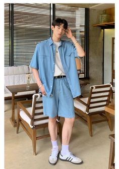 Cui Clean Fit Denim Shirt & Denim Shorts Set-korean-fashion-Clothing Set-Cui's Closet-OH Garments Asia Fashion, Fitted Denim Shirt, Japan Summer, Light Blue Top, Quality Street, Light Blue Shorts, Aesthetic Y2k, Instagram Style, Style Aesthetic