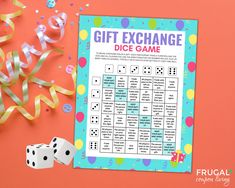 a gift exchange dice game with confetti and streamers on an orange background