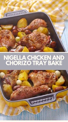 chicken and chorizzo tray bake with text overlay