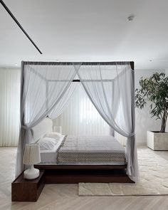 a bed with white sheets and curtains in a room next to a potted plant