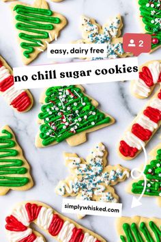 decorated sugar cookies with the words easy, dairy free no chill sugar cookies