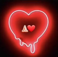 a neon heart with the letter a on it and a drop of liquid coming out