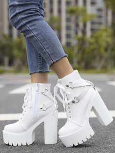 White Fashionable Collar   Plain Combat Boots Embellished   Women Shoes Red Wedding Shoes, Chunky Heel Boots, Color Block Heels, Fashion Shoes Heels, Cute Shoes Heels, Shoes Boots Ankle, Chunky Heels Boots, Studded Boots, Combat Boot