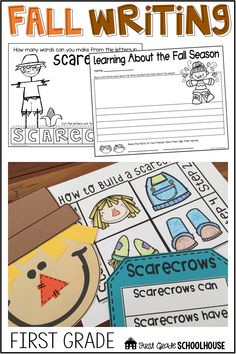 the fall writing activity for first grade students with pictures and text on it, including scarecrows