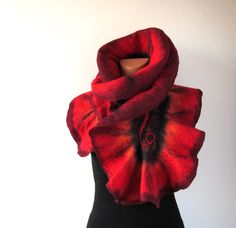 Felted scarf   ruffle collar  Red and Black   gift under 75. $69.00, via Etsy. Handmade Red Scarf As A Gift, Handmade Red Scarves As Gift, Handmade Red Scarf For Gift, Red Winter Scarves For Gifts, Red Winter Scarf Gift, Red Winter Scarves Perfect For Gifts, Red Winter Scarf Perfect For Gifts, Handmade Red Scarf For Fall, Handmade Red Scarves For Fall