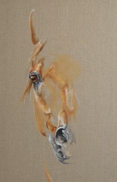 an oil painting of a horse's head on a beige background with brown and white colors