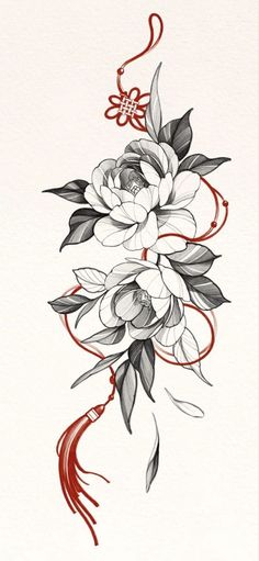 a drawing of some flowers on a white paper with red trimmings and an orange ribbon