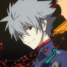 an anime character with white hair and red eyes looking at something in the distance behind him