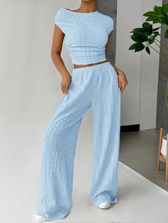 2pcs Women Plain Texture Top And Pants Set Blue Casual    Plain  Medium Stretch  Women Clothing, size features are:Bust: ,Length: ,Sleeve Length: Top And Pants Set, Inspiration Mode, Two Piece Outfit, All Fashion, Women Clothing, Pants Set, Length Sleeve, Latest Trends, Two Piece