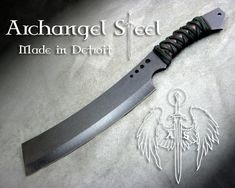 an image of a knife with wings on it's blade and the words, archangel steel made in detroit