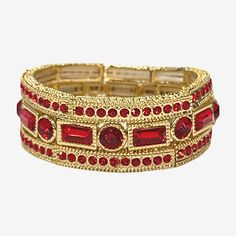 Bead Type: CrystalCircumference: 8 1/2 InchMetal Color: Gold ToneCare: Wipe CleanStone Type: 238 CrystalBracelet Type: Stretch BraceletsMetal: ZincCountry of Origin: Imported Red Christmas Party Bracelets, Gold Christmas Party Bracelets, Red Beaded Crystal Bracelet For Party, Festive Red Bangle Beaded Bracelets, Festive Red Beaded Bangle Bracelet, Elegant Red Stretch Bracelet For Party, Red One, Red Crystals, Bay Window