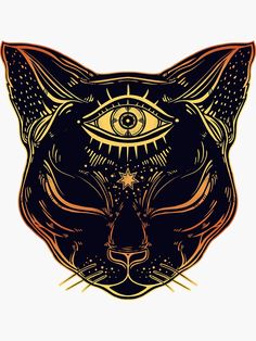 an all seeing cat's face on a dark background with gold and orange accents