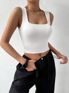 White Casual Collar  Knitted Fabric Plain Tank Embellished High Stretch  Women Clothing White Tank Top Outfit, White Tanks, Cropped Outfits, Tight Tank Top, White Tank Top Women, White Crop Top Tank, Tank Top Outfits